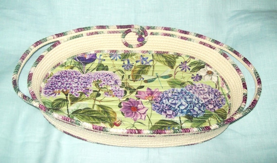 Floral Hydrangea Rope Bowl: Handmade Coiled Oval Cotton Centerpiece Basket