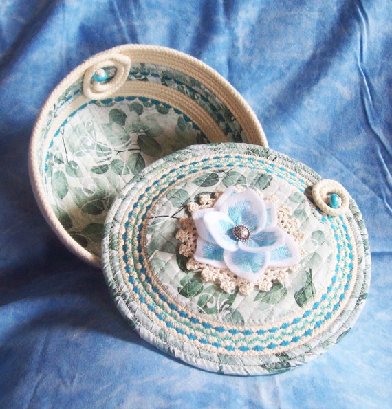 Handmade Coiled Rope Bowl with Lid: Fabric Sewing Basket