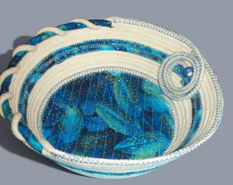 Blue Fabric Rope Bowl: Coiled Basket, Modern Home Decor