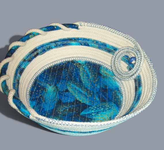 Blue Fabric Rope Bowl: Coiled Basket, Modern Home Decor