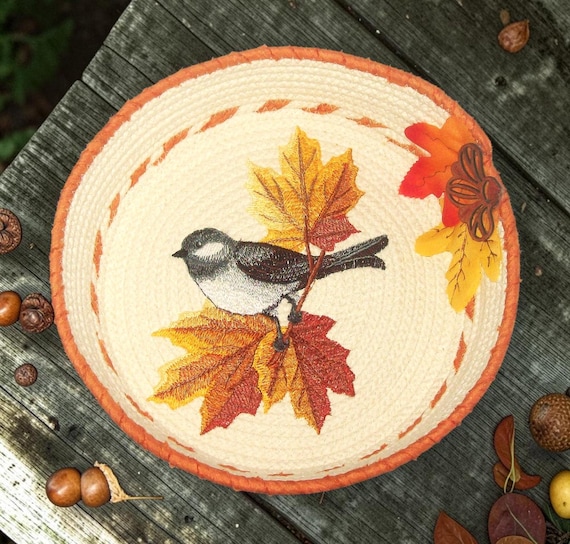 Chickadee Embroidered Rope Bowl-Fall Leaves Braided Basket