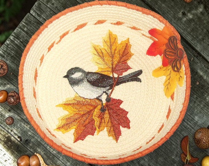 Chickadee Embroidered Rope Bowl-Fall Leaves Braided Basket