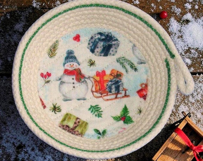 Small Snowman Rope Bowl-Winter Fabric Quilted Basket