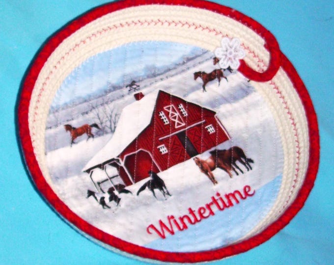 Winter Scene Rope Bowl-Fabric Wrapped Horse Barn Basket