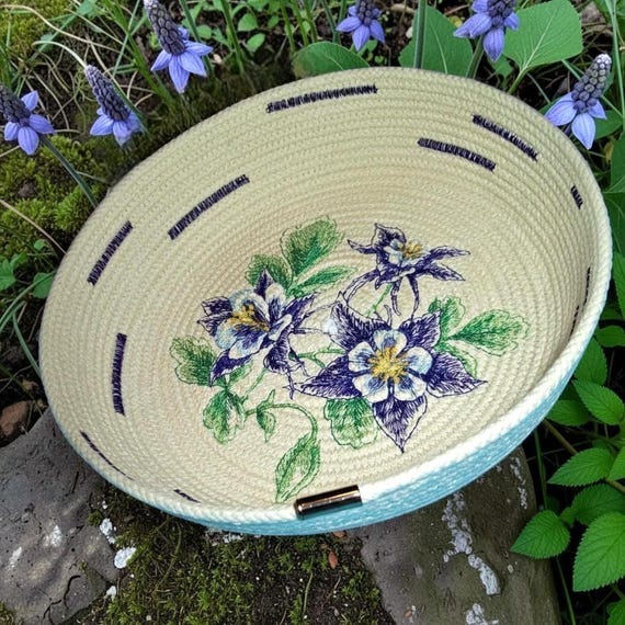 Embroidered Columbine Rope Bowl: Soft Coiled Floral Basket