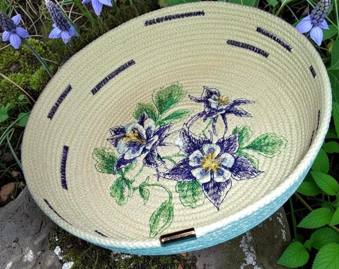Embroidered Columbine Rope Bowl: Soft Coiled Floral Basket