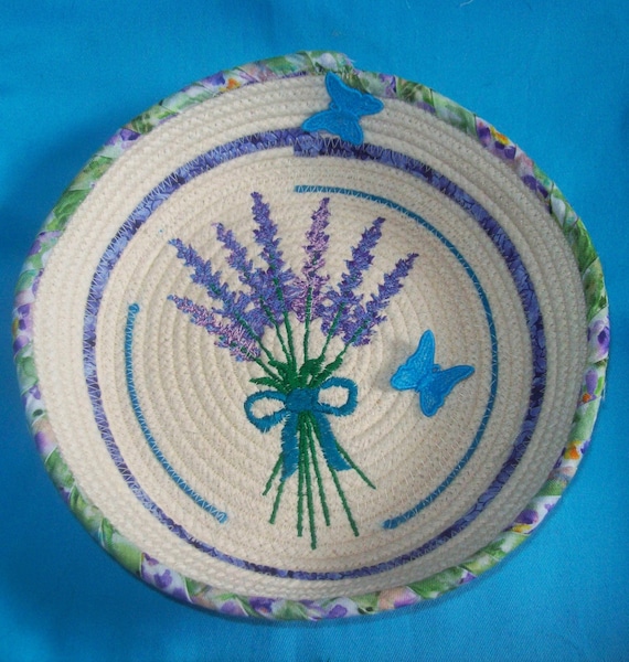 Embroidered Lavender Bouquet Rope Bowl with Lace Butterflies
