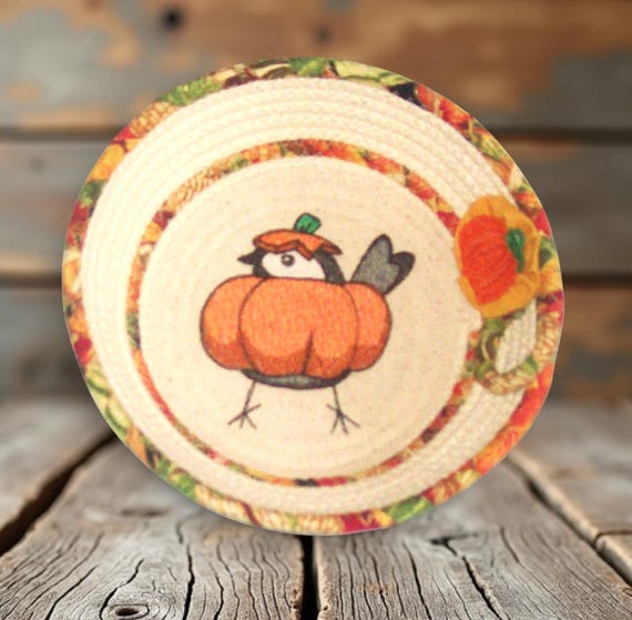 Embroidered Chickadee Pumpkin Rope Bowl: Autumn Bird Gift-Kitchen Decor