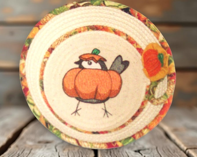 Embroidered Chickadee Pumpkin Rope Bowl: Autumn Bird Gift-Kitchen Decor