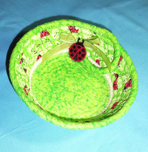 Ladybug Fabric Wrapped Rope Bowl-Lime Green Trinket Basket