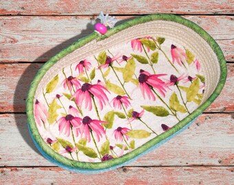 Floral Oval Rope Bowl-Fabric Wrapped Flower Bowl-Handmade Decorative Gift-Clothesline Coiled Basket-Eyeglasses Keeper-Nightstand Basket