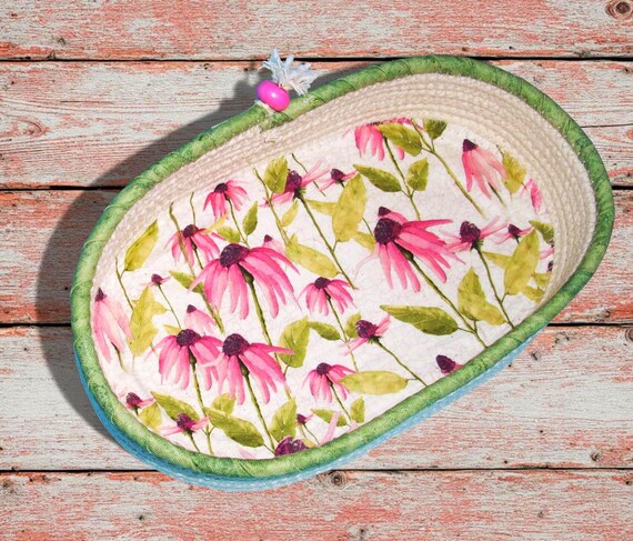 Floral Oval Rope Bowl-Fabric Wrapped Flower Bowl-Handmade Decorative Gift-Clothesline Coiled Basket-Eyeglasses Keeper-Nightstand Basket