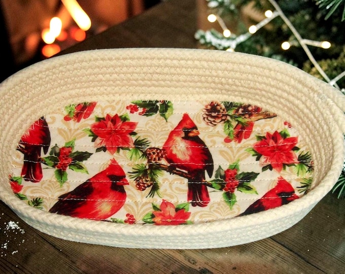 Cardinal Rope Bowl-Christmas Oval Container-Candy Dish-Ring Holder-Glasses Keeper-Holiday Winter Coiled Basket-Poinsettia Handmade Montana