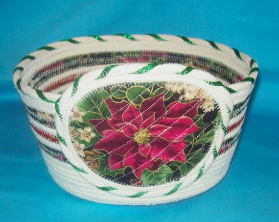 Poinsettia Christmas Rope Bowl: Holiday Fabric Wrapped Basket