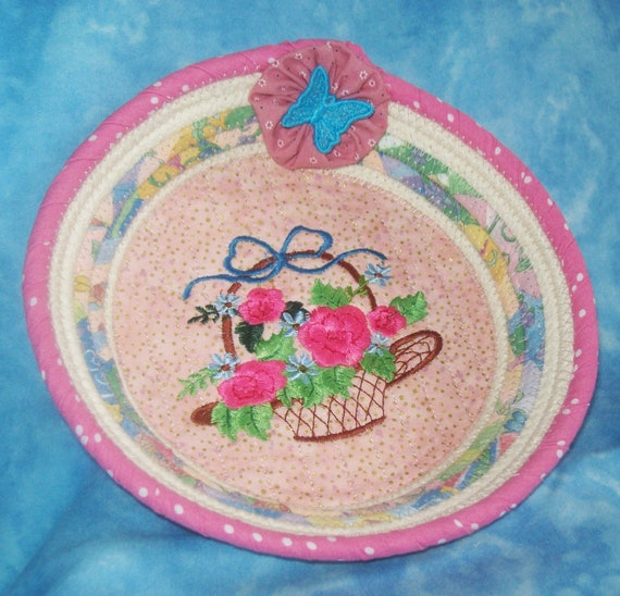 Embroidered Rope Bowl - Floral Fabric Basket, Montana Handmade