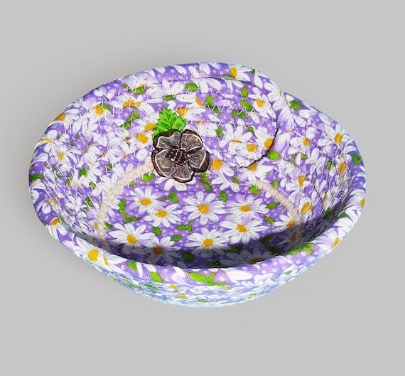 Lavender Daisy Rope Bowl: Handmade Trinket Fabric Basket