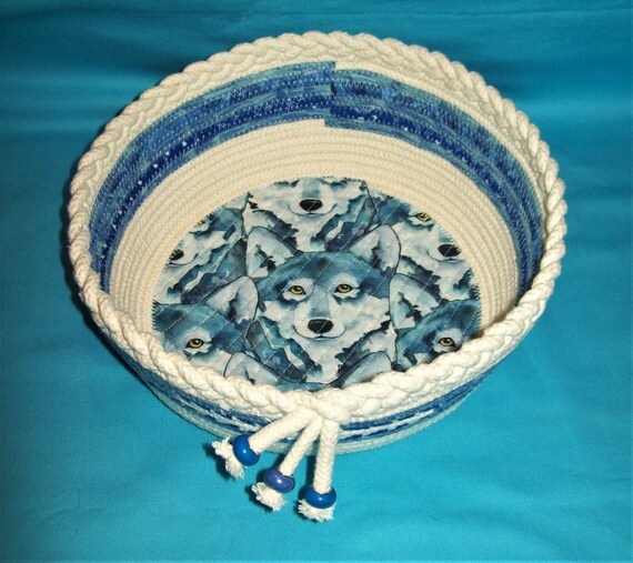Wolf Rope Bowl-Coiled Basket-Wolf Decorative Fabric Bowl-Handmade Gift Bowl-fabric wrapped basket-Montana Hand Crafted