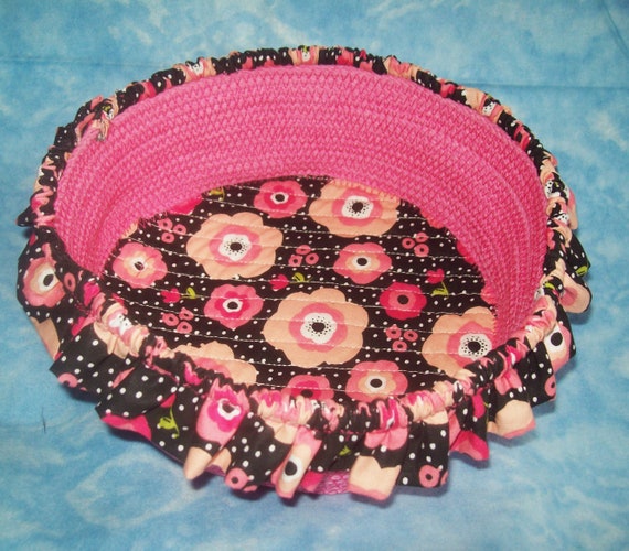 Floral Rope Bowl: Ruffled Pink Fabric Coiled Basket, Nursery Organizer