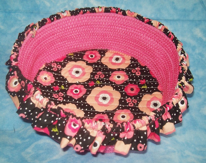 Floral Rope Bowl: Ruffled Pink Fabric Coiled Basket, Nursery Organizer