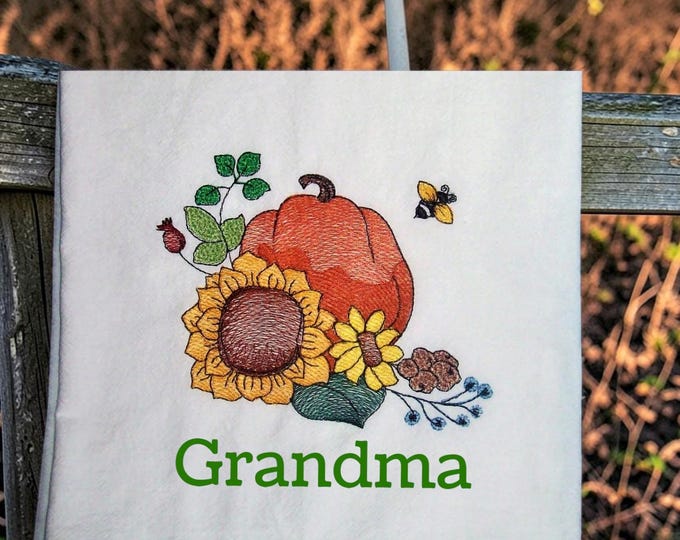 Personalized Sunflower Embroidered Dish Towel-Fall Pumpkin Kitchen Decor