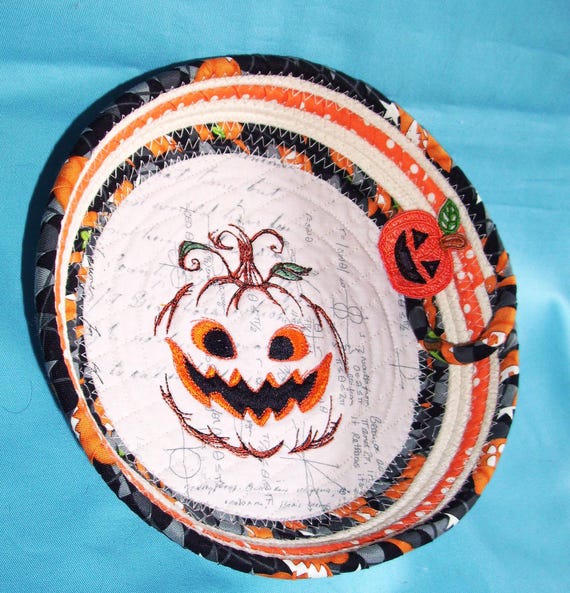 Jack o Lantern Embroidered Rope Bowl-Stiff Lace Pumpkin Basket Decor
