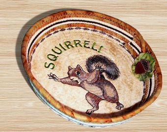 Squirrel Embroidered Rope Bowl-Fabric Wrapped Basket-Kitchen Decor