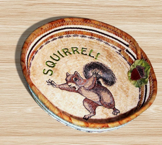 Squirrel Embroidered Rope Bowl-Fabric Wrapped Basket-Kitchen Decor