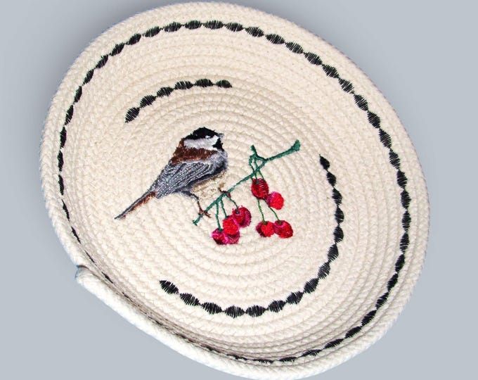 Embroidered Chickadee Rope Bowl: Handmade Cotton Cord Basket