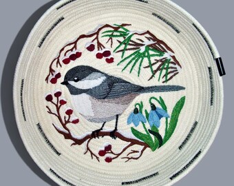 Chickadee Embroidered Rope Bowl: Large Decorative Basket