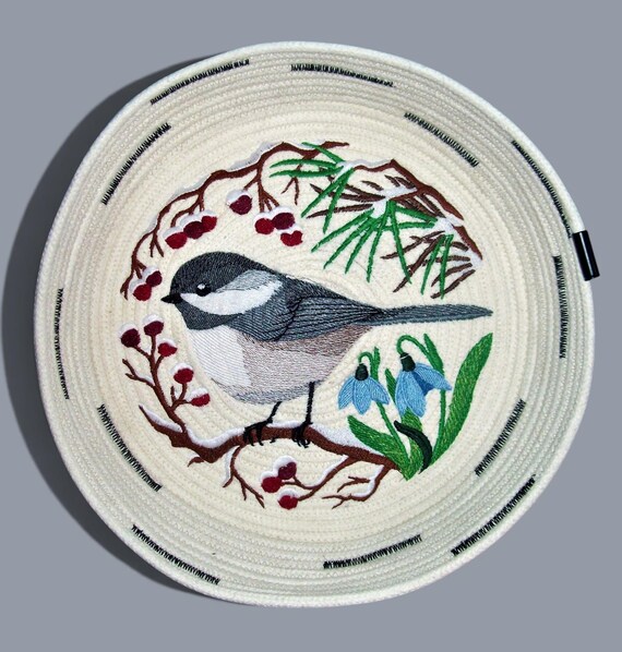 Chickadee Embroidered Rope Bowl: Large Decorative Basket
