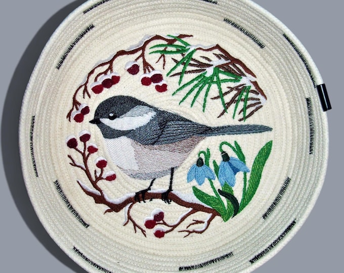 Chickadee Embroidered Rope Bowl: Large Decorative Basket