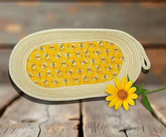 Honeybees Rope Basket: Handmade Oval Coiled Bowl-Eyeglass Holder