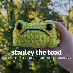 Op de afbeelding: Een groene gehaakte kikker genaamd Stanley. De kikker heeft zwarte ogen en een droevige uitdrukking. De tekst "stanley the toad" staat onder de kikker. De tekst "PDF PATTERN. FOR BEGINNERS. US TERMINOLOGY" staat onder de tekst "stanley the toad".