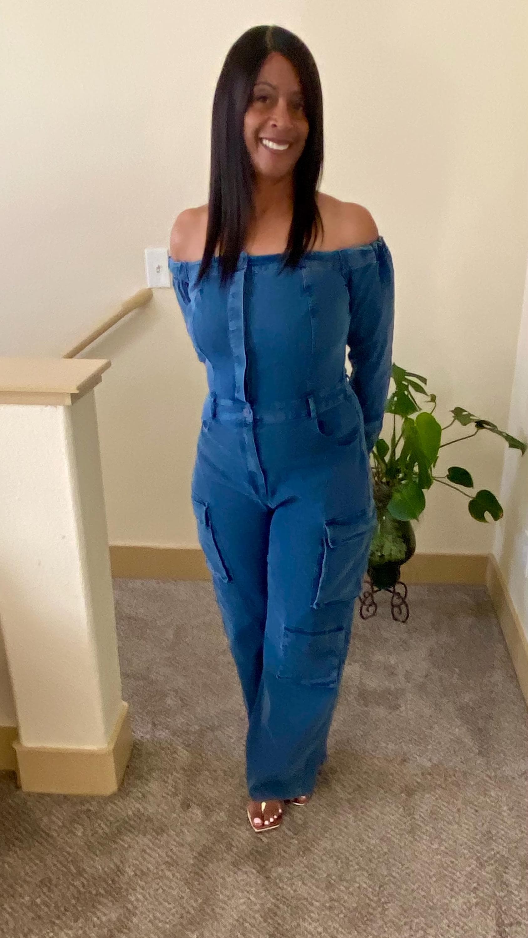 Asymmetric Off-Shoulder Denim Jumpsuit main image 1