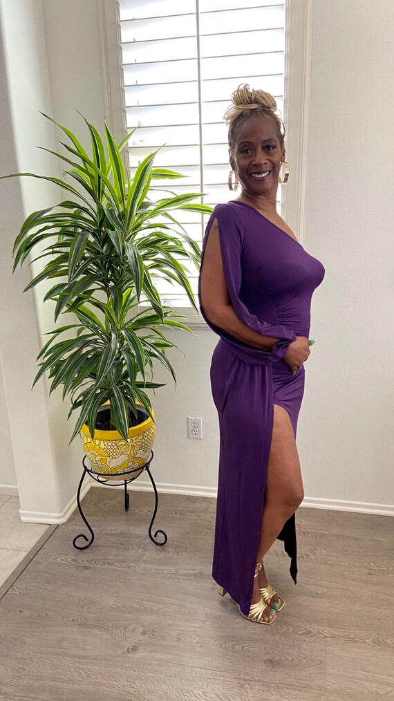 purple one shoulder maxi dress Matea Ruffle One-Shoulder Maxi Dress