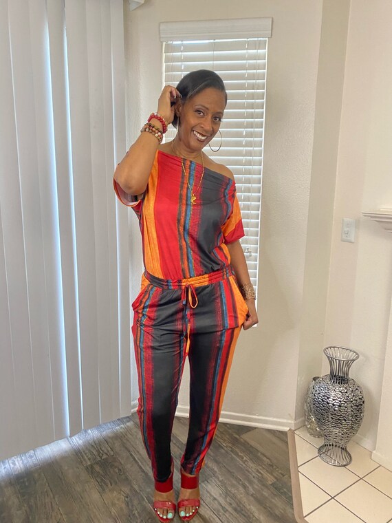 Striped off the shoulder jumpsuit sale