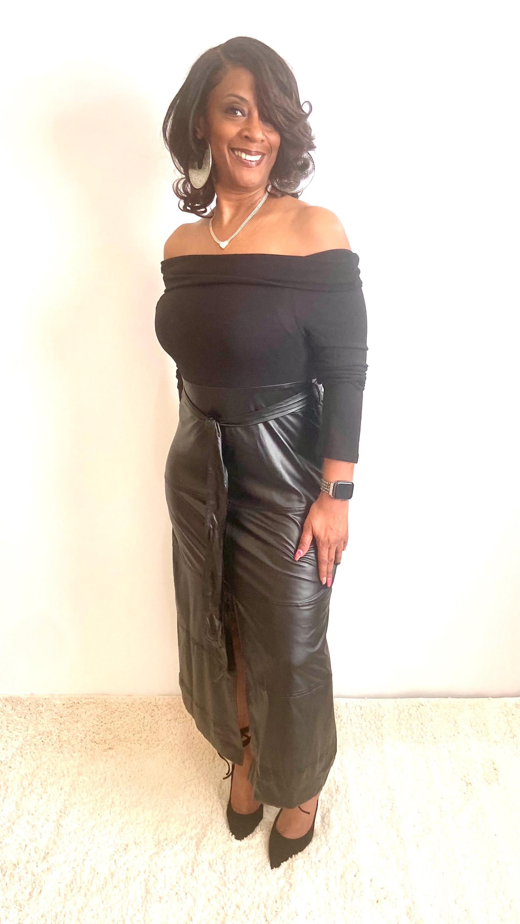 black leather off shoulder dress Buy Lipsy Black Faux Leather Off The Shoulder Draped Midi Dress from Next USA