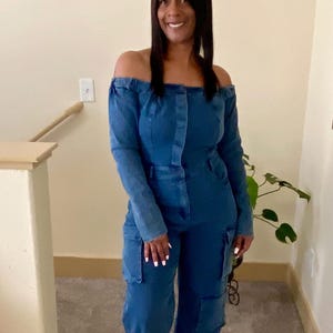 LOOK 896 DENIM PRINT CARGO JUMPSUIT