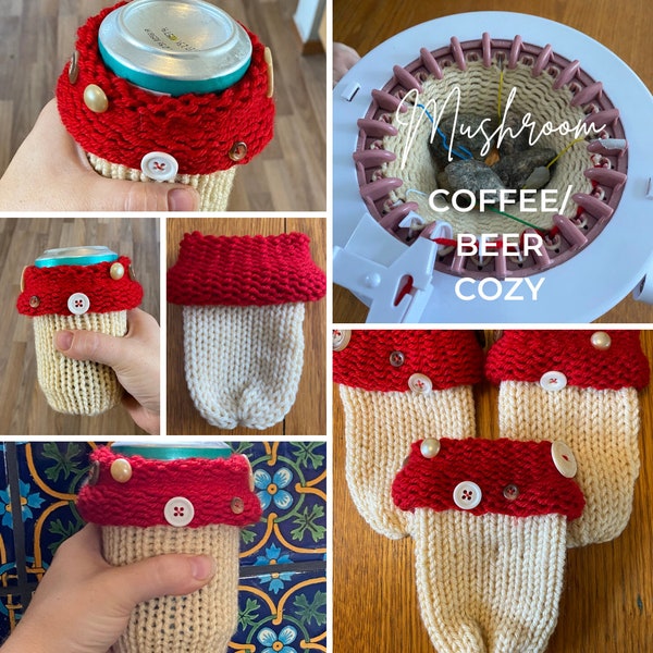 Mushroom Coffee / Beer Cozy Pattern, 22 Needle Circular Knitting Machine Pattern, Fly Agaric, Mario Mushroom