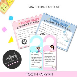 Tooth Fairy kit, printable tooth fairy certificate, missing tooth certificate, tooth fairy door hangers, boy tooth fairy, girl tooth fairy