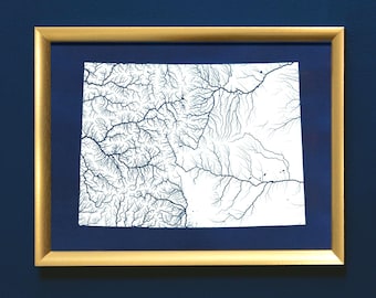 Pode incluir: Um mapa emoldurado de um estado, com um design topográfico detalhado em preto e branco. O mapa está dentro de uma moldura dourada e um passe-partout azul escuro, montado em uma parede azul escura.