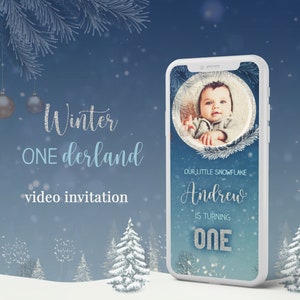 Winter Onederland Geburtstagseinladung, Schneeflocke Erster Geburtstag, Blau Silber Winter Wonderland Einladung, Video Einladung in 24hs!