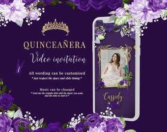 Quinceañera Video Invitation, Purple and Gold Elegant XV Invite, Sweet 16 Video, Butterflies & Crown, Spanish or English, Floral Invitation