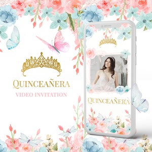 Invito video per la Quinceañera, invito digitale per i 15 anni, rosa e blu, farfalle e fiori colorati, con foto, in spagnolo o inglese