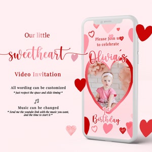 Schatz Erster Geburtstag Video-Einladung, Herzen, Liebe, Valentinstag, rote Herzen