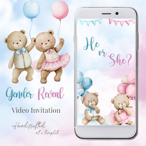 Invito alla festa per rivelare il sesso dell'orsacchiotto - Video di palloncini rosa e blu - Invito video per rivelare il sesso