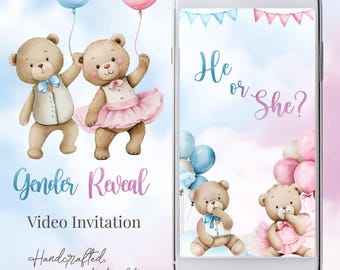 Teddy Bear Gender Reveal Video Invitation: Pink & Blue Balloons (MP4 File)