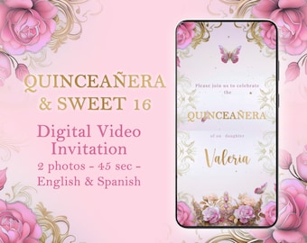 Pink Blush Quinceañera Video Invitation: Gold Butterflies (Digital)