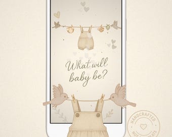 Neutral Gender Reveal Invitation: Boho Clothesline  | Animated Invite |  Vintage Baby Shower