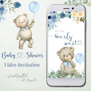 Video invito per baby shower con orsetto di peluche / Palloncino blu ed eucalipto per neonato / Possiamo aspettare a lungo, invito digitale